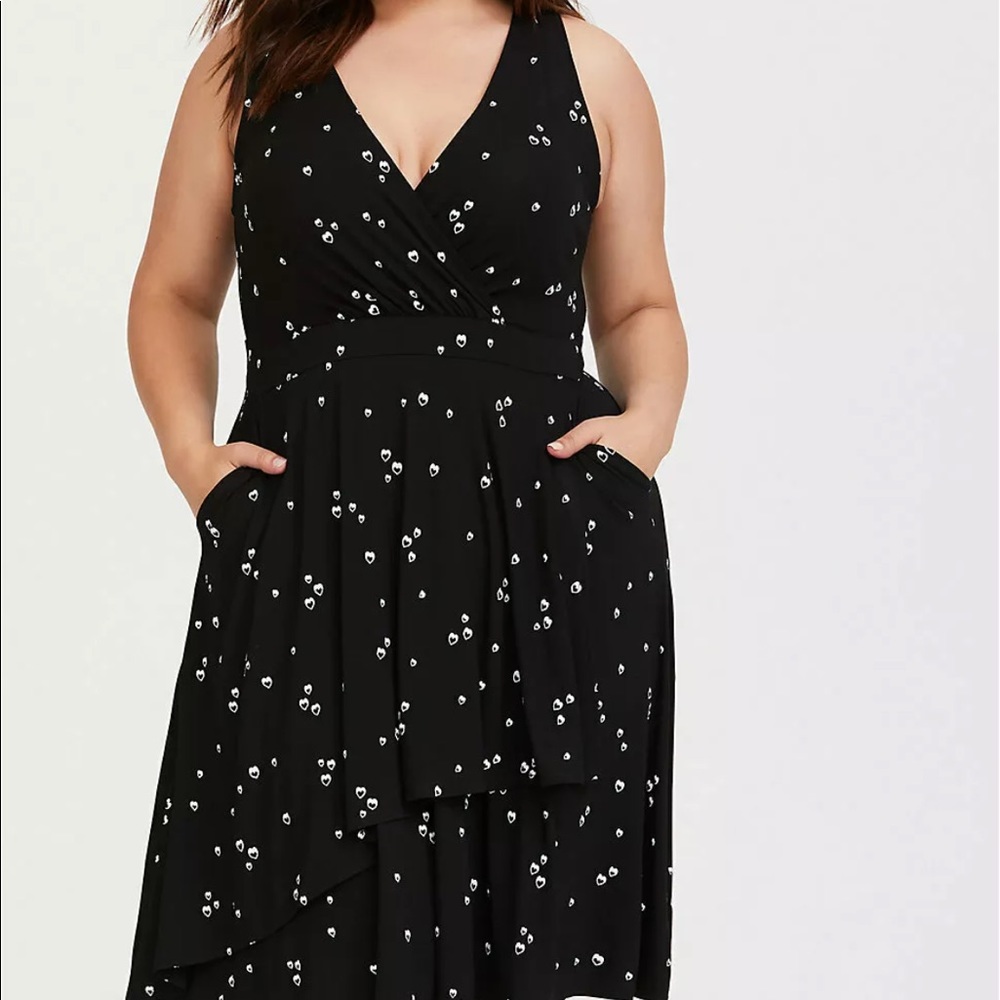 Faux wrap black dress with hearts.